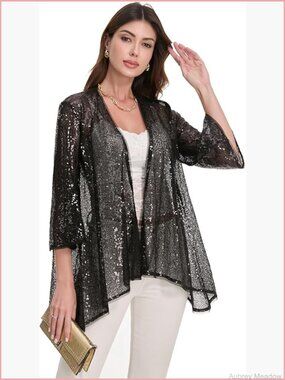 Sequin Open Front Blazer Long Sleeve Cardigan Jacket
